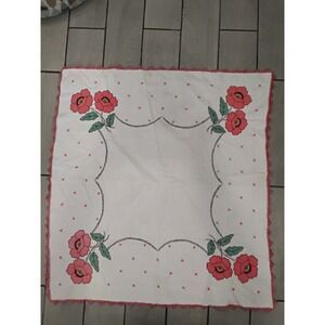 Vintage Square White Tablecloth Red Poppy Floral Embroidery Crochet Trim 42"